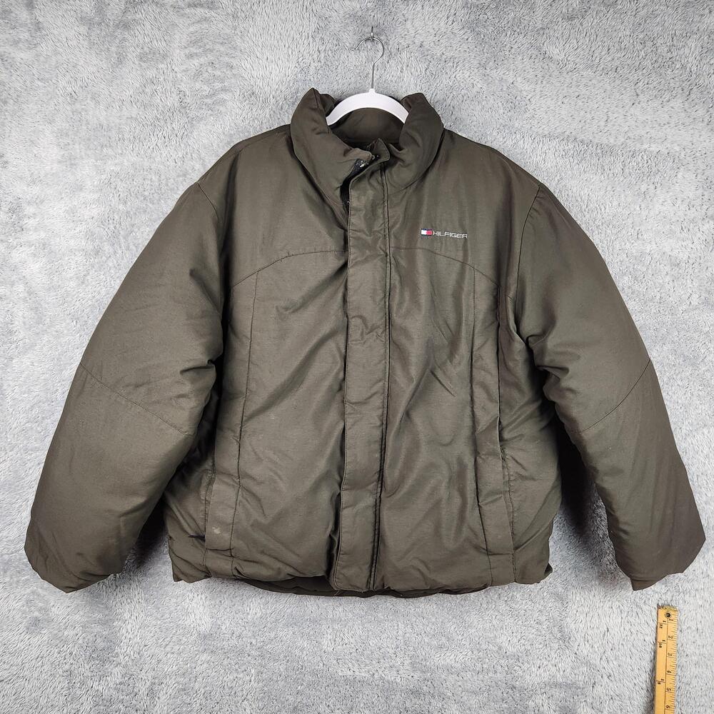 Tommy Hilfiger Jacket Mens Large Green Down Puffer Heavy Nylon Full Zip Winter